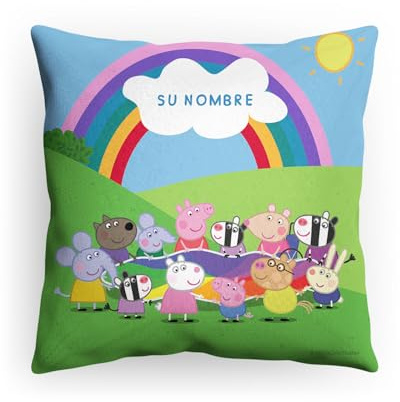 PICANOVA Peppa Wutz Kissen mit Name - Plüsch Dekokissen mit Füllung - Personalisiertes Peppa Wutz Kopfkissen für Kinder - Individuell Geschenk für Kinder - Freunde Regenbogen - 40x40cm