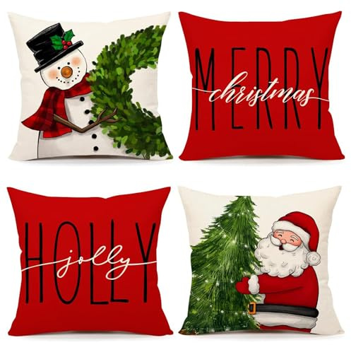 Simpkeely Set di 4 federe natalizie rosse, decorazione natalizia per fattoria, ghirlanda di pupazzo di neve, albero di Natale, agrifoglio, allegro, vacanza, per casa, divano, 45 x 45 cm