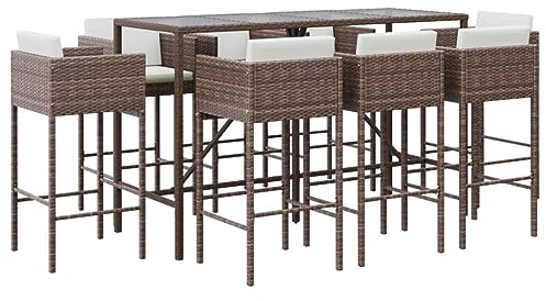 vidaXL Gartenbar Set 9-TLG., Gartenmöbel Bartisch 8 Barstühle, Stehtisch Barhocker für Garten Terrasse, Sitzgruppe Gartenset mit Kissen, Braun Poly Rattan