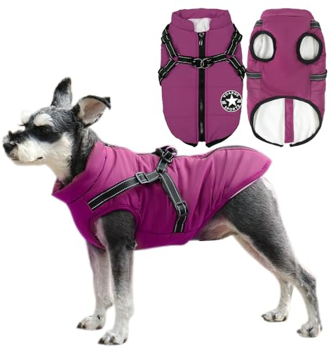 Voarge Hundejacke Winterweste Jacken, Hundemantel mit Geschirr für Kleine Hunde Hundemantel Wasserdicht Maschinen Waschbarer Reflektierender Streifen Design Haltbarer D-Ring (Lila, XL)
