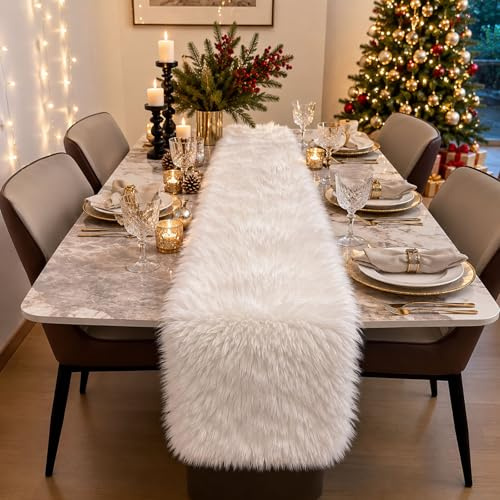 Weißer Kunstfell Tischläufer 30x180cm Flauschige Tischdeko Weihnachten | Weicher weißer Kunstfell Tischläufer mit flauschiger Oberfläche für Esstisch Weihnachten Hochzeit und Winterdeko
