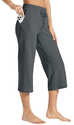 WILLIT capribyxor för kvinnor, bomull, yoga, capribyxor, lediga loungebyxor, breda ben, träning, sweatpants med fickor, 50 cm, Mörkgrå, XXL