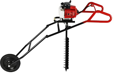 OBLLER 63CC Benzin Erdbohrer Einrad-Erdlochbohrer, 2-Takt 3PS Lochstanzer Bodenbohrer, 2.2KW EinräDrige GrabenfräSe mit 80mm Bohrer, Handschub Pfahlbohrer Benzin für Bauerngarten