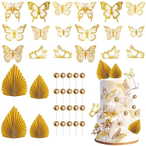 TYXHXTF 42 Pezzi Cake Topper, Decorazioni Torta a Forma di Palma, Topper Foam Ball Torta, Farfalle Decorative Topper Torta, per Feste di Compleann,Anniversario di Matrimonio
