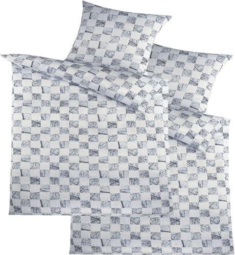 KH-Haushaltshandel 4-TLG. Seersucker Bettwäsche 2X (135x200 +80x80cm), weiß grau schwarz, kariert, bügelfrei (W415452)