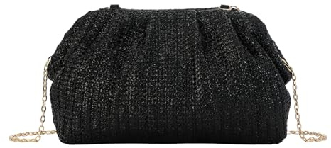 Syrads Mujer Paja Bandolera Bolso de Mano Bolso de Hombro de Paja Bolso de bola de masa Cloud,Negro