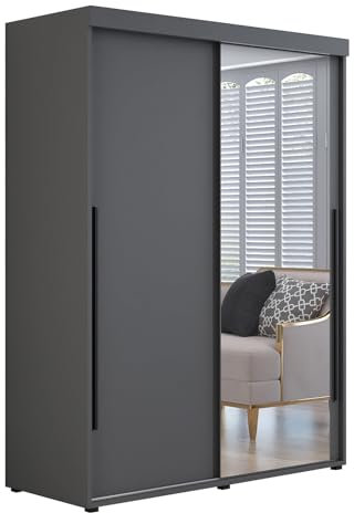 Meble Slupia - Garderobenschrank - Kleiderschrank mit Spiegel und Schiebetüren - 100x202x62cm - Kleider Schrank Schlafzimmer mit Kleiderstange - IGA 01 Anthrazit, Griff Schwarz
