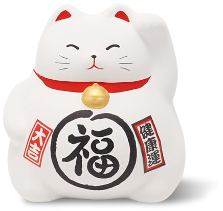 COTONOHA Banko Ware Maneki-Neko Ceramic Piggy Bank - Lucky Cat, Cute and Chubby Traditional Japanese Money Box (White)