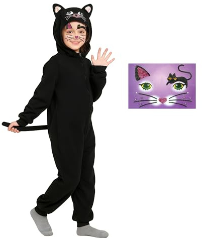Wbesty Black Cat Costume for Girls Boys Animal Onesie with Cat Face Sticker for Christmas Halloween,10-12Y