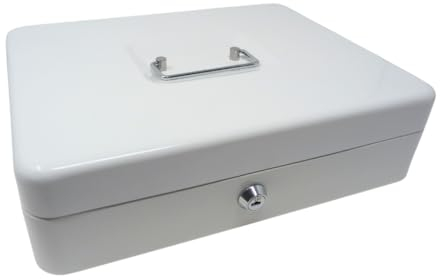 Geldkassette aus Metall Weiß 300x240x90 mm – robuste Geldbox mit Schloss & Schlüssel, Einsatzfächer für Münzen & Scheine – sichere Aufbewahrung für Bargeld, Kassenorganisation & Wertsachen