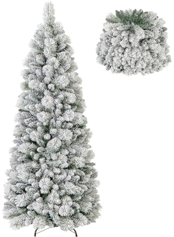 GYMAX Árbol de Navidad Artificia, árbol de Navidad retráctil con 378 Puntas de PVC, árbol de Navidad Artificial con Nieve y 130 Luces LED Blanco cálido(150 cm)