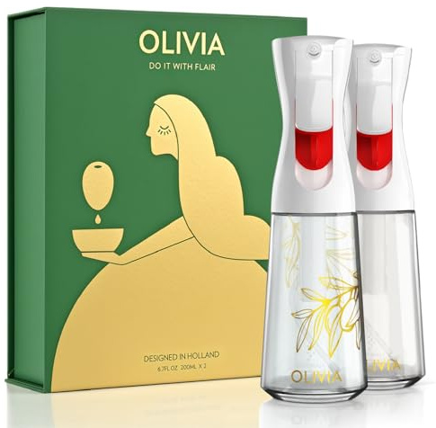 OLIVIA SIGNATURE - Spruzzatore per olio da cucina avanzato con tecnologia Flairosol, nebulizzazione fine e controllo delle porzioni, bottiglia spray ricaricabile in vetro per friggitrice ad aria