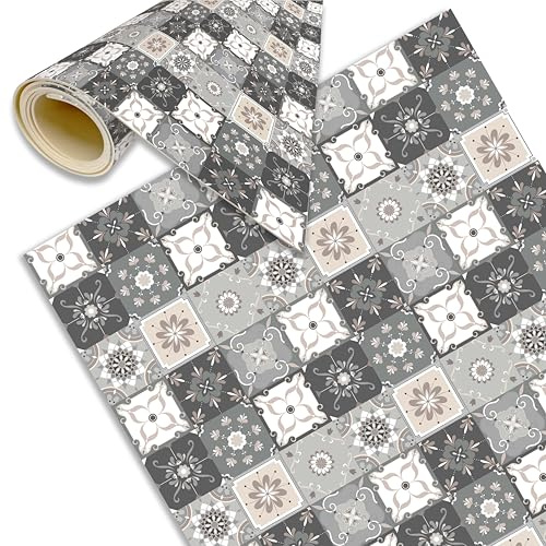 Alfombra Cocina Lavable Antideslizante Vinilica | Gris 180x60 cm | Vinilo Imitación baldosa hidraulica para exterior o interior Salón Baño Pasillo Terraza Facil limpieza y muy higienica