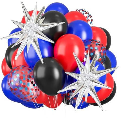 Ballon Colorés Anniversaire, 22 Pièces Ballons Helium Fete Pleins D'énergie, Bleu Noir Rouge Ballons en Latex, Étoile Explosive Argentée Ballon en Aluminium pour Décorations de Fête