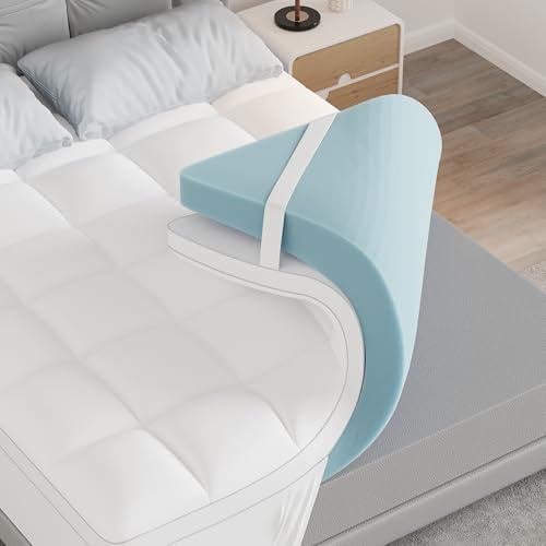 Queen Size Dual Layer 4 Inch Memory Foam Mattress Topper, 2 Inch Gel Memory Foam, 2 Inch Cooling Pillow Top Mattress Topper Cover, Soft Fluffy & Pressure Relief & Medium Support
