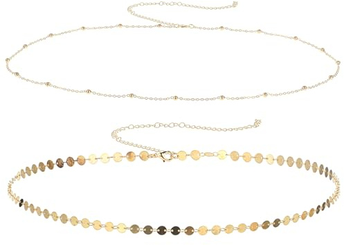 Heclia Gold Hüftkette 2 Stück plattierte mehrlagige Körperketten verstellbare sexy Sommer-Bikini Satellitenperlen Perlenmünzen Ornamente zierliche Strand Bauch Accessoires Schmuck erogener Bund Frauen