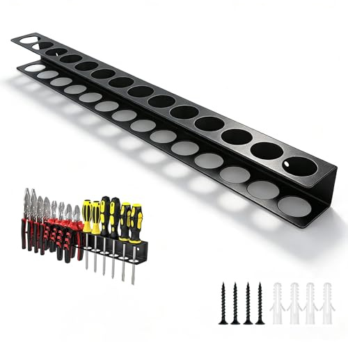 PHMING Werkzeughalter Wand 40cm, Schraubendreher Halterung mit 14 Löchern, Werkzeug Wandhalterung aus Kohlenstoffstahl, mit 3 Schrauben, Schwarz, für Schraubendreher, Schraubenschlüssel, Hammer