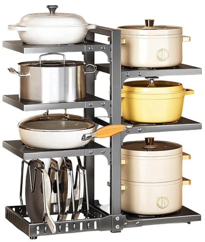 Yolispa 7 Tier Adjustable Heavy Duty Pan Organizer, Saucepan Stand, Black Carbon Steel Kitchen Cookware Organizer for Kitchen Counter and Cabinet