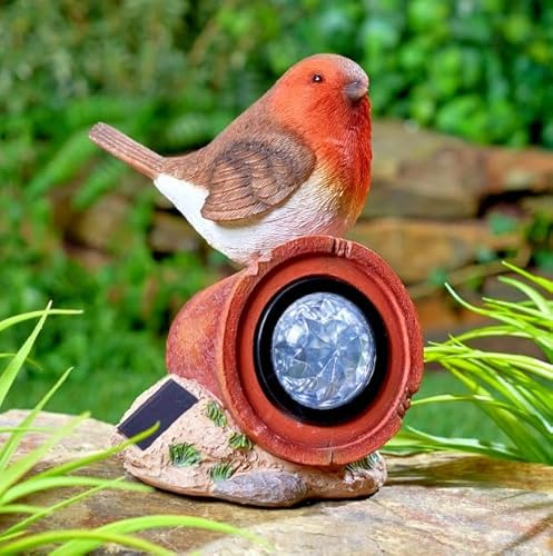 Solar LED Robin On Rock, Solar Powered Garden Robin Bird Ornamnet with Illuminated Rock, Light up Garden Figurine Automatic Sensor Gives 6-8 Hours Light Output, Bird Statue for Decoartion
