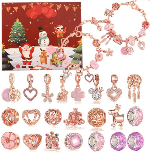 Lubibi Calendario de Adviento Sorpresa de Joyas 2025 para Niñas, 24 Días DIY Kit de Joyería, Regalo de Calendario de Conteo Navideño, Incluye 22 Colgantes y 2 Pulseras, Regalo para 6-12 Años