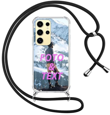 Xylota Personalisierte Handykette Handyhülle für Samsung Galaxy S25 Ultra 5G mit Band, Personalisiert Hülle mit Selbst Gestalten Bild Text, Schwarz Schutzhülle für Samsung S25 Ultra 5G 6,7''
