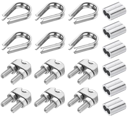 PATIKIL 18 st M6 304 rostfritt stål vajer kit, vajer kabelklämma, rör kaus och krympögla för 1/4 tum vajer kabel fingerborg, silver