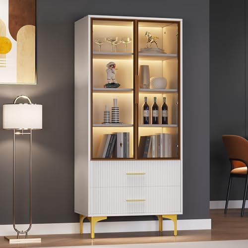 TIZZ Glasvitrine 70 x 35 x 150 cm mit Zwei Türen Glastüren goldene Beine bewegliche Einlegeböden LED-Licht Schrank Hochschrank Standvitrine
