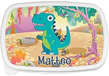 Fupies Porta Pranzo Personalizzato per Bambini, Dinosauro, Azzurro/Rosa, Polimero, 1.2 Litri, BPA Free, Lavabile in Lavastoviglie, 18x12x6 cm (Azzurro, Dinosauro)