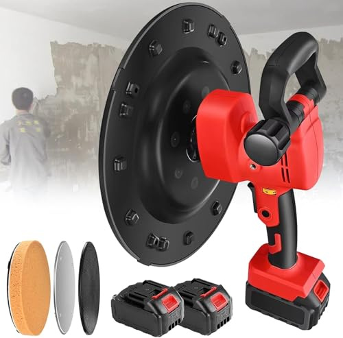 Levigatrice per Muro Professionale 1680W, Cazzuola Elettrica per Intonaco e Malta, Ponceuse Murale Elettrica per Lisciatura Pareti Cemento e Superfici, Ricarica batteria al litio (2 Battery+4 pads)