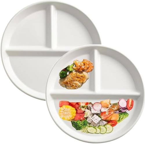 HNJZX Speiseteller Portionskontrolle Porzellanteller 2er Set, 20,3 cm geteilte Teller für Erwachsene, Diätteller für ausgewogene Mahlzeiten, wiederverwendbares Keramik-Serviertablett (weiß)