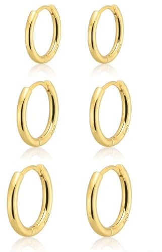 3 Paar Kleine Creolen Gold Ohrringe Set für Damen，Hypoallergen 316L Chirurgenstahl 14K Vergoldet Leichte Huggie Ohrringe Gold Creolen Helix Tragus Knorpel Piercing für Empfindliche Ohren 6/8/10MM