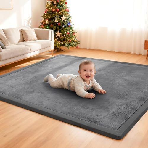 ACOMOPACK Baby Spielmatte aus 3,5 cm dickem Memory-Schaumstoff, 127 x 188 cm, Kinder Laufstallmatte für Bauchlage, rutschfeste samtweiche Krabbelmatte (Grau,127 x 188cm)