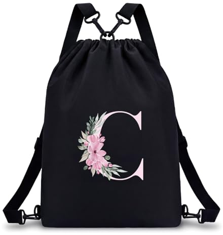 A-Z BAG Drawstring Swimming Bag Initial Gifts for Girls Kids (Black, C) | Waterproof, 4-in-1 Multi-String Backpack Beach Gym Personalised Bag for Women Travel