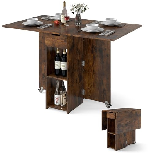 COSTWAY Esstisch klappbar, Küchentisch mit Rollen, Schublade und 2 Ablagefläche, Klapptisch für 2-4 Personen, Esszimmertisch für kleine Räume, Esszimmer, Küche, 120 x 72 x 75 cm (Rustikales Braun)
