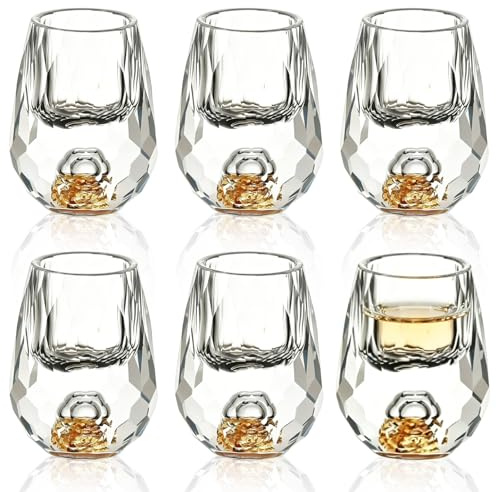 Behogan 6 stycken 15 ml shotglas, blyfritt glas med tung botten, kristallshot glas med 24K bladguldflingor, BPA-fri och blyfri, skottglas, perfekt för vodka, alkohol, tequila, saj, whisky