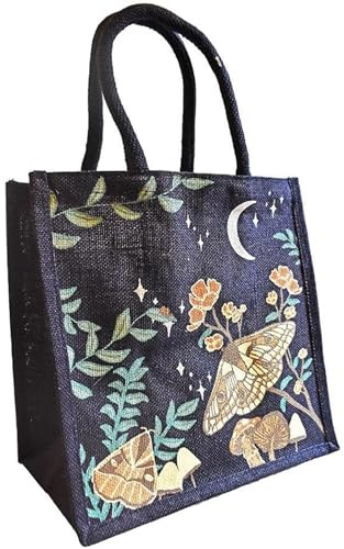 Shared Earth Jute Tote Bag Moth Print 30 x 30 x 20 cm | Shopping Bag with Padded Handles | Reusable Grocery, Beach, Travel Bag for Women Eco Friendly