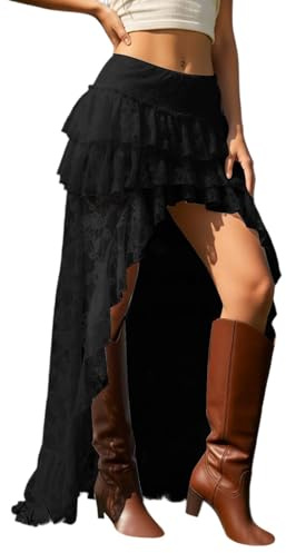 Générique Jupe Longue bohème asymétrique en Dentelle Florale à Volants Style Y2K Style Y2K Fluide et Transparente à Plusieurs Couches.