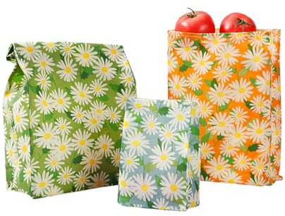 Rusokufo Set 3 Bolsas De Pie Cera De Abeja (S M L), Reutilizables De Algodón Orgánico, Almacenamiento Práctico para Cocina Y Alimentos, Uso Diario Fácil Y Ordenado, Diseño Margaritas