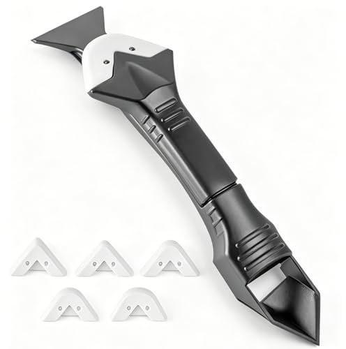 3-in-1 Silicone Sealant Remover Tool Steel Head Grout Scraper Smoothing Tools with 5 Replaceable Pads Caulking Finishing Kit for Kitchen Bathroom Floor Tile Sealing DIY Home Improvement (Black)