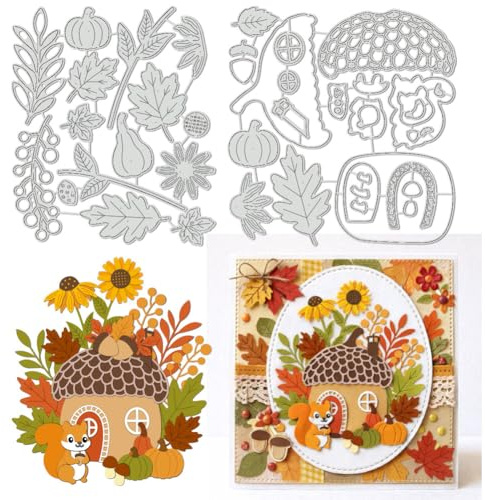 UNICRAFTALE 44 Pcs de Dies de Découpe Maison Gland Automne pour Création de Cartes Coffret Réutilisable Chataigne et écureuil Feuille d'érable Gabarit de Gaufrage Pochoirs Dies pour Album Scrapbooking