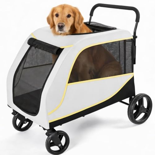 Aptliton Großer Hundebuggy bis 50kg – Faltbarer Hundewagen mit integrierter Rampe, 2-in-1 Schiebe- & Ziehfunktion, All-Terrain Räder, Sportlicher Jogger für große & alte Hunde, Weiß-Gelb