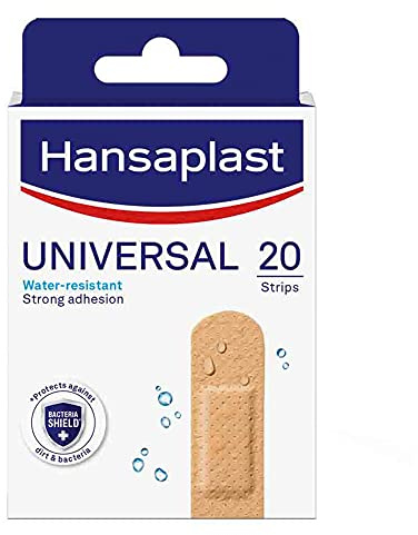 HANSAPLAST UNIVERSAL - 20 Pansements Prédécoupés - Résistants à l'Eau et à la Poussière - Pansements Couleur Chair - 4 Formats Assortis : 8 Petits, 6 Moyens, 2 Grands, 4 Ronds