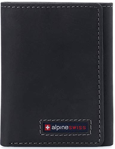 alpine swiss Men's Leon RFID Trifold Pocket Wallet – Genuine Leather Wallet for Men, Slim Design with ID Window & Multiple Card Slots, Classic RFID Safe Pocket Wallet in Gift Box Nubuck Black