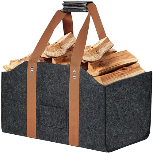 Cestino in Legno Pieghevole per Legna da Ardere - Grande Contenitore in Feltro Con Manico Lungo in Fettuccia per Giornali, Legno e Verdure (Grigio Scuro, 42,5)
