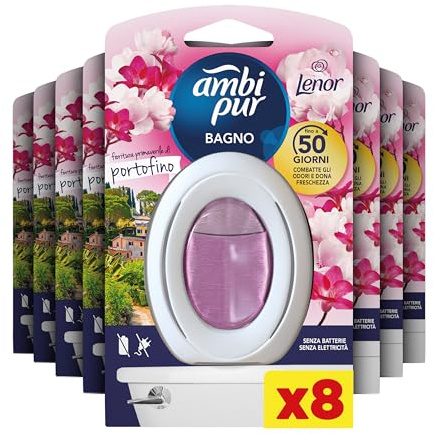 Ambi Pur Bagno Profumatore Per Ambienti, 8 Profumatori Bagno, Fragranza Fioritura di Portofino, Diffusore Ambiente Con Tecnologia Elimina Odori, Durata Fino a 50 Giorni Per Profumatore