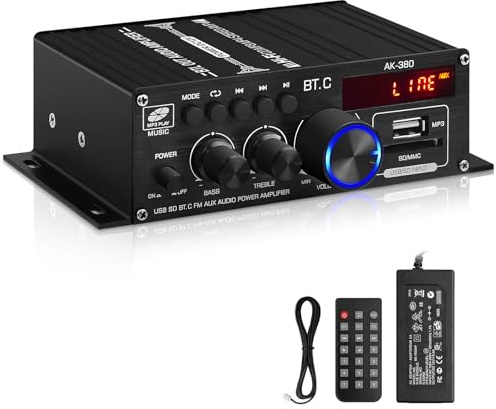 AK-380 USB SD BT.C FM AUX Audio Power Amplifier 2.0 CH 40W+40W HiFi Stereo AMP Speaker Bluetooth 5.0 Amp Receiver with 12V 5A Power Supply,FM Antenna for Car Home Bar Party