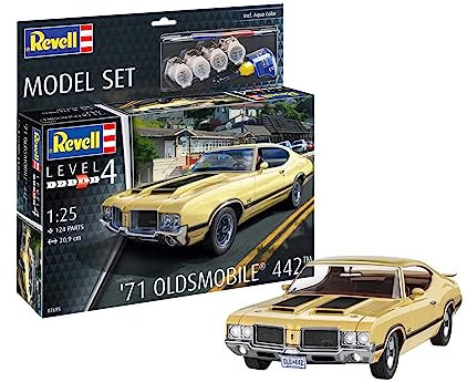 Revell Model Set 67695 71 Oldsmobile 442 1:24 Scale Unbuilt/Unpainted Plastic Model Kit with Contacta Professional Glue, Paintbrush & Selected Aqua Color Paints