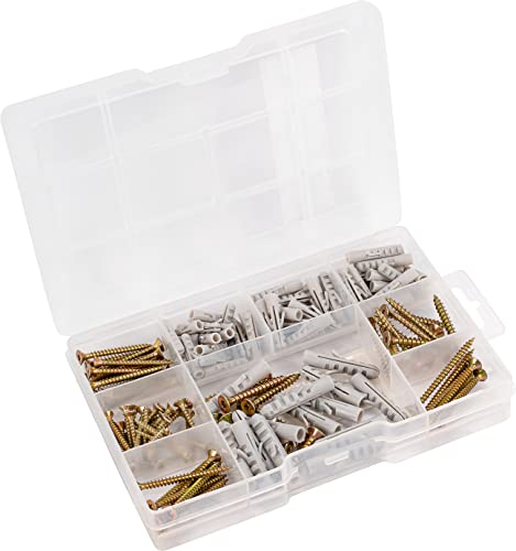 Connex DP8500126 - Juego de tornillos y tacos para madera (155 piezas, varios tamaños, avellanados, tornillos galvanizados, con caja surtida de tacos)