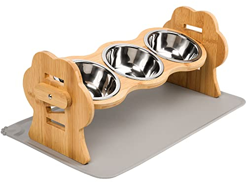 Mivcinn Raised Cat Bowls, Small Dog 15° Tilted Elevated Food Feeding Dishes, 3 Stainless Steel Cat Food Bowls in Stand, Adjustable Bamboo Water Stand Feeder Set for Cats and Puppy