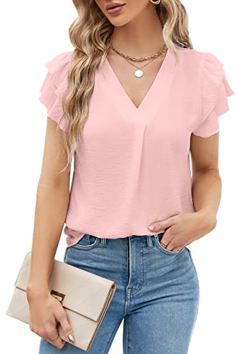 Blooming Jelly Womens Dressy Casual Shirts Short Sleeve V Neck Work Blouse Business Casual Summer Tops 2026(Large, Light Pink)